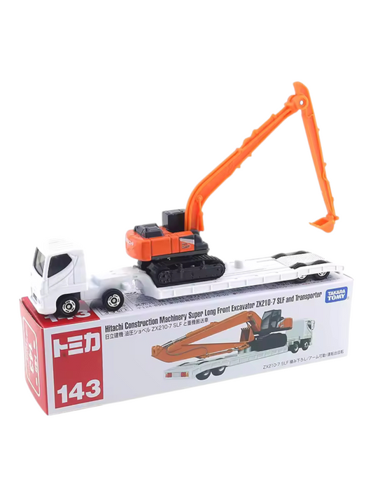 Takara Tomy Tomica Hitachi Construction Machinery Super Long Front Excavator ZX210-7 SLF and Transporter