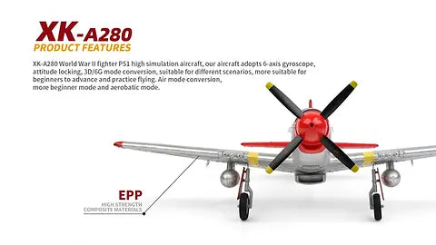 Remote Control Airplane XK A280 P-51 3D/6G 2.4G 4CH Brushless 560mm Wingspan EPP Fixed Wing RC Aircraft Model with 6-Axis Gyro and LED Searchlight (RTF)