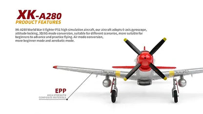 Remote Control Airplane XK A280 P-51 3D/6G 2.4G 4CH Brushless 560mm Wingspan EPP Fixed Wing RC Aircraft Model with 6-Axis Gyro and LED Searchlight (RTF)