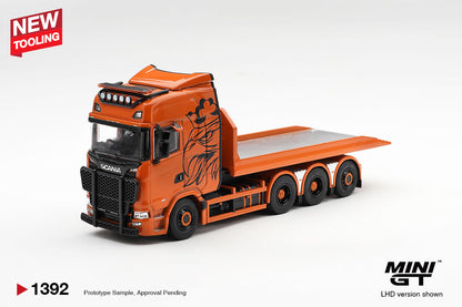 Mini GT No.1392 Scania 770S B8×4NA Hooklift Flatbed Orange 1:64 Scale Diecast Model