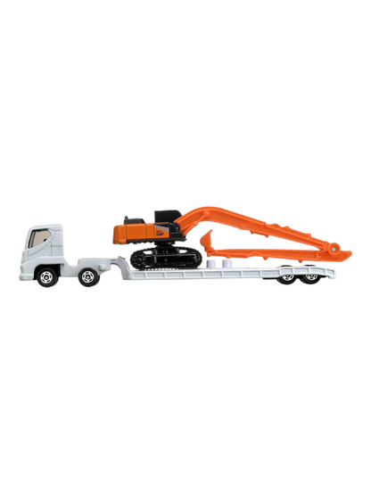 Takara Tomy Tomica Hitachi Construction Machinery Super Long Front Excavator ZX210-7 SLF and Transporter No 143
