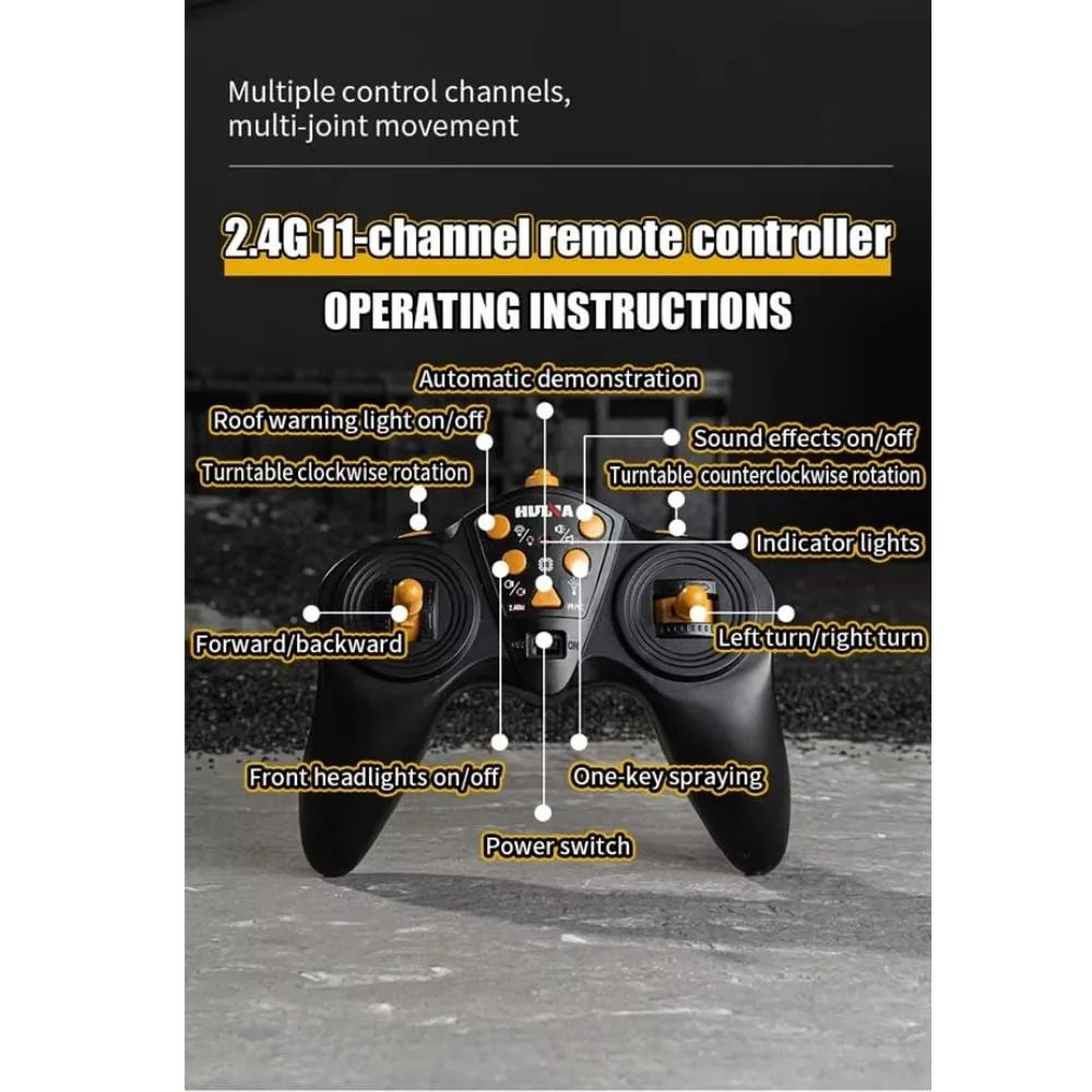 Huina Toys 1381 RC Backhoe Loader Concrete Pump Truck 11 Function Realistic water spray pumping system Rechargeable battery with USB charging Remote control 1:18 Scale