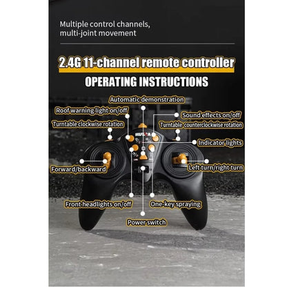Huina Toys 1381 RC Backhoe Loader Concrete Pump Truck 11 Function Realistic water spray pumping system Rechargeable battery with USB charging Remote control 1:18 Scale