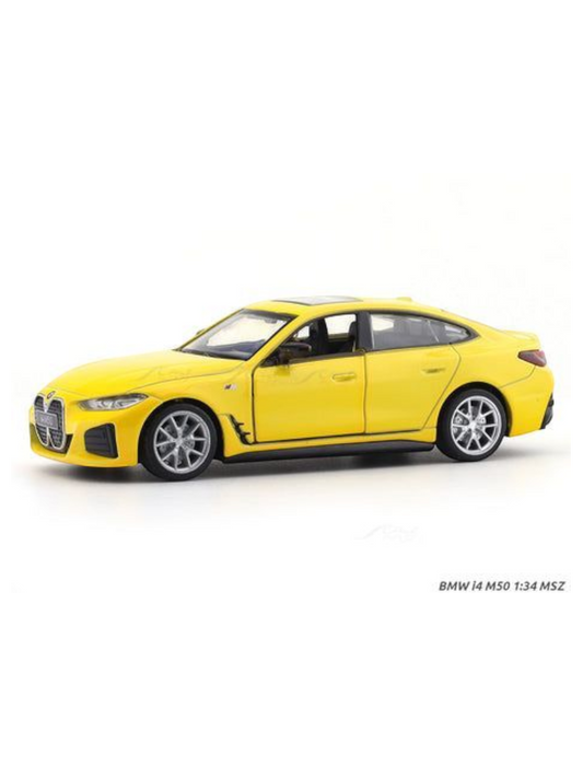 BMW i4 M50 Yellow 1:34 MSZ licensed pullback diecast Scale Model car