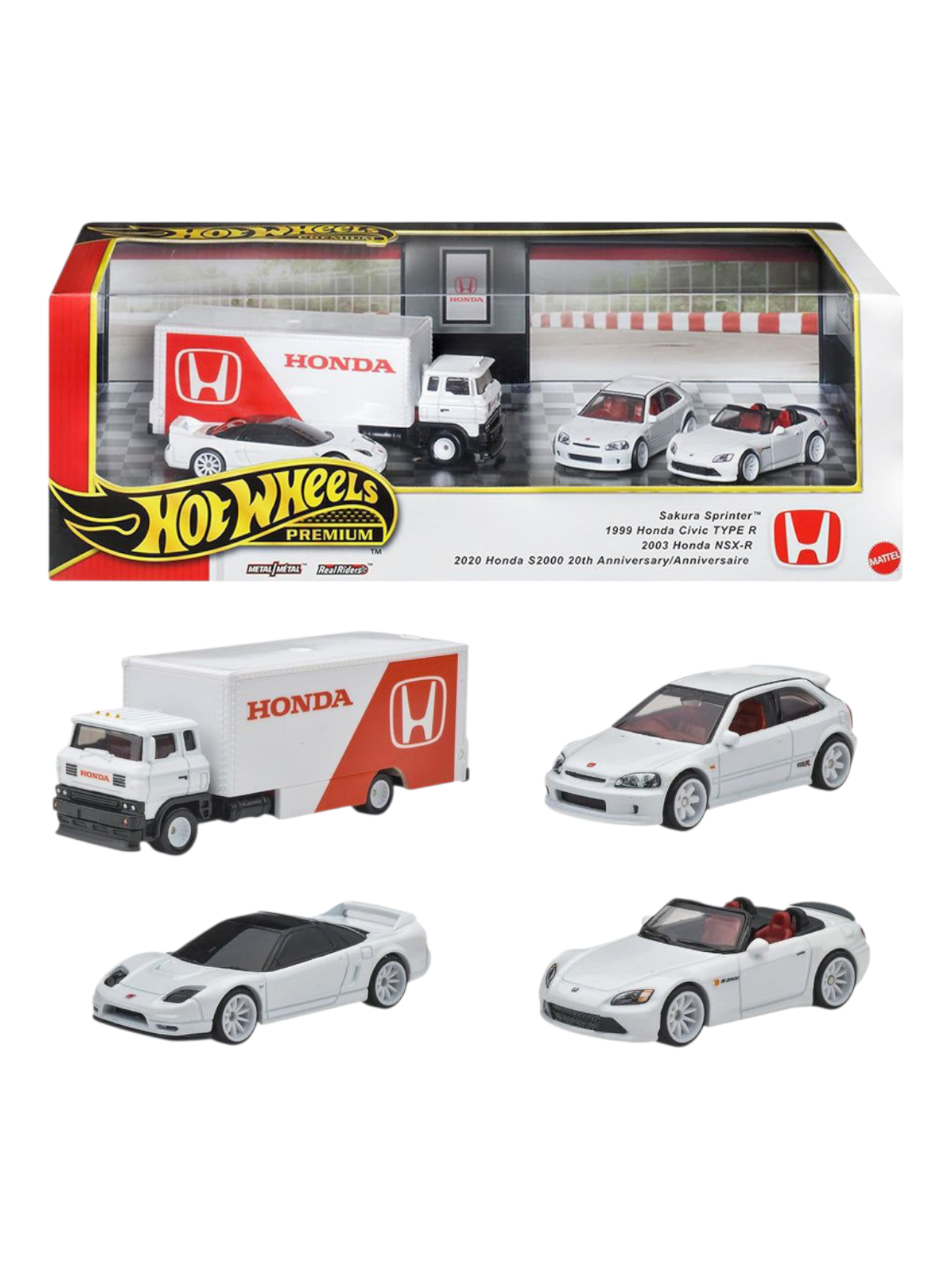 Hotwheels Premium Imported Honda Set Sakura Sprinter , 1999 Honda Civic Type R , 2003 Honda NSX-R , 2020 Honda S2000 20th Anniversary