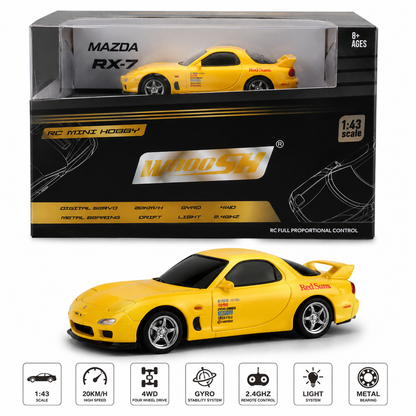 WHOOSH 1:43 Scale Mazda RX-7 Spirit R RC Drift Car – 2.4GHz Remote Control, 4WD, Gyro Stability, 20KM/H High Speed, LED Lights & Metal Bearings