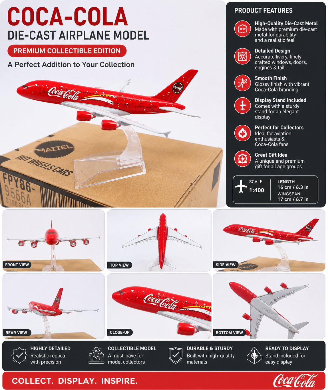 Aircraft Coca-Cola Airbus 380 Airplane Diecast Metal (No.108) Display Stand 16cm Scale