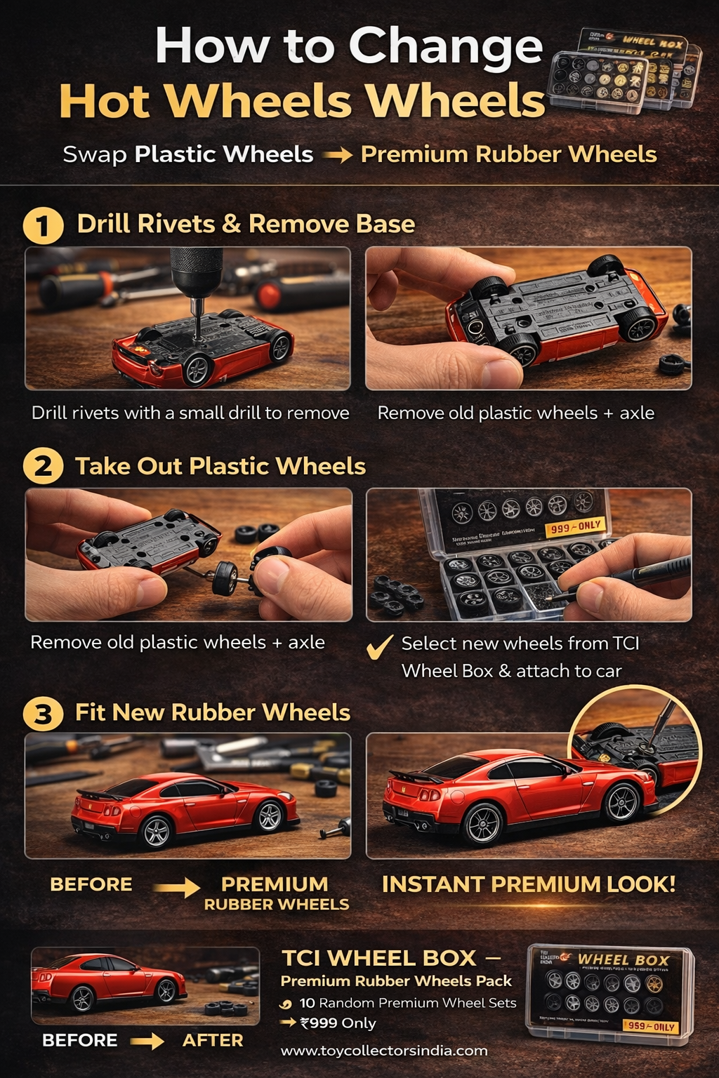 TCI Wheels Box Premium Wheels Pack Random Sets Hotwheels rubber wheels (Random assortment) 1 set fits 1 car