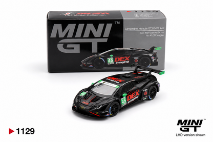Mini GT #1129: Lamborghini Huracán GT3 EVO2 #45 No. 45 DEX Imaging 2024 IMSA Daytona 24 Hrs 1:64 Scale