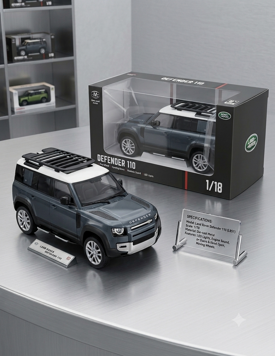 Land Rover Defender 110 Diecast Model 1:18 Scale Alloy Car Model Free Wheels, Opening Parts, Realistic Sound , LED Lights Display Diecast matel