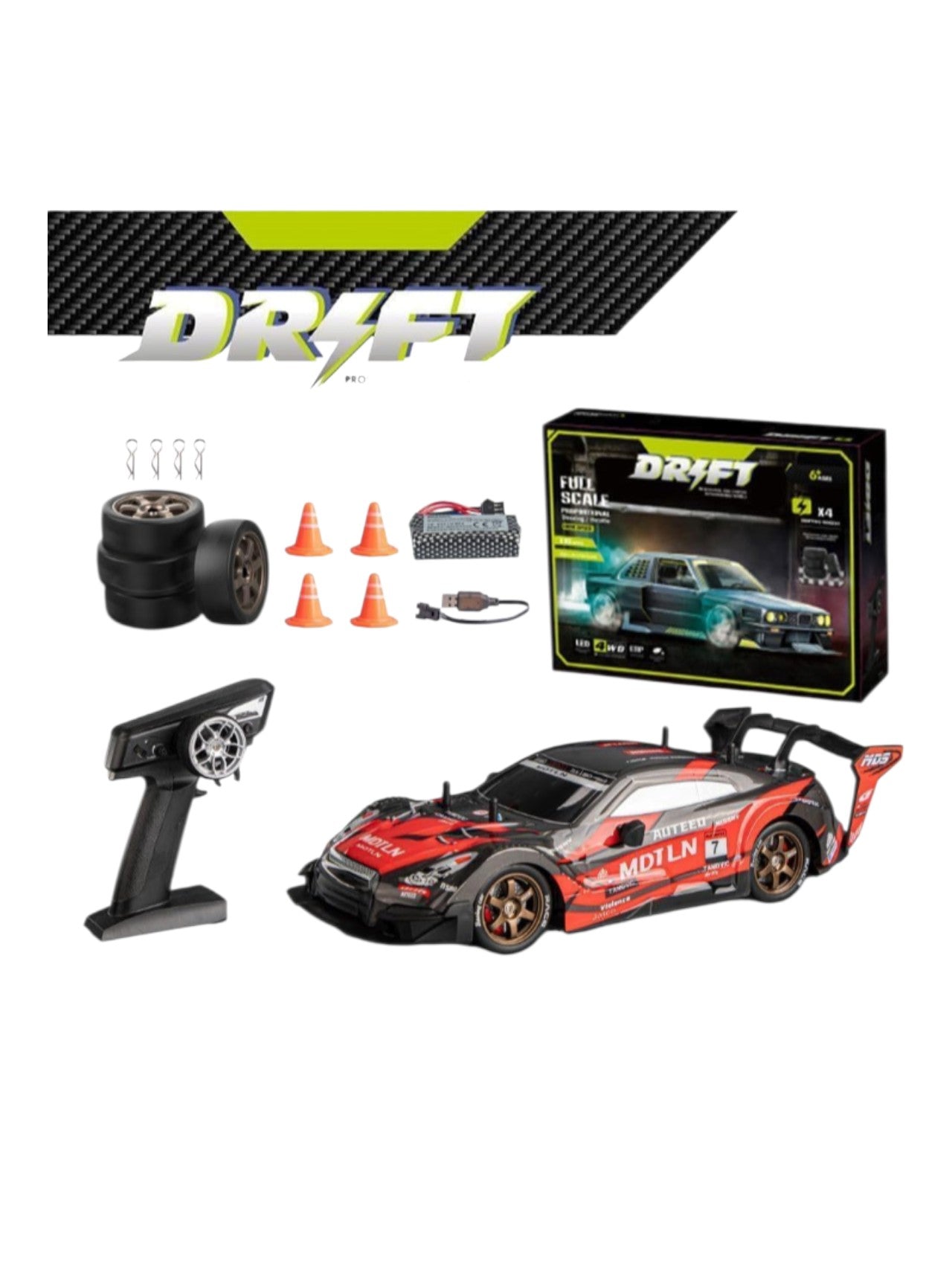 Drift Sports Car RC| 4WD High-Speed Drifting Car with LED Lights, 2.4GHz Remote Control & Interchangeable Drift Wheels Professional Chassis Steering/ Throttle ESP System 1:16 Scale a top speed of around 25 to 30 KM/H